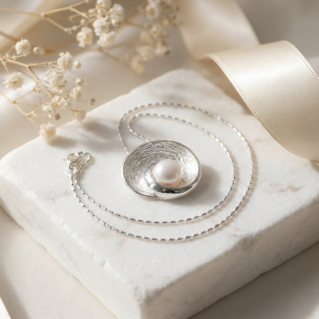 Sterling Silver Pearl Vortex Swirl Pendant Necklace for Bridal and Anniversary Wear