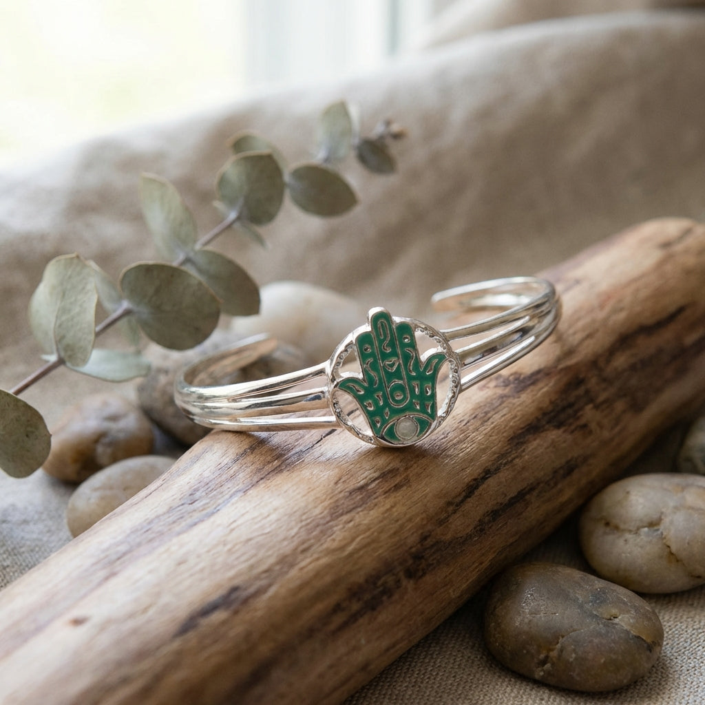 Protective Hamsa Enamel Cuff Bracelet in Sterling Silver – Teal Opal & Azure Topaz