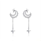 Crescent Moon and Star Drop Earrings in 925 Sterling Silver – Rhodium & 18K Gold
