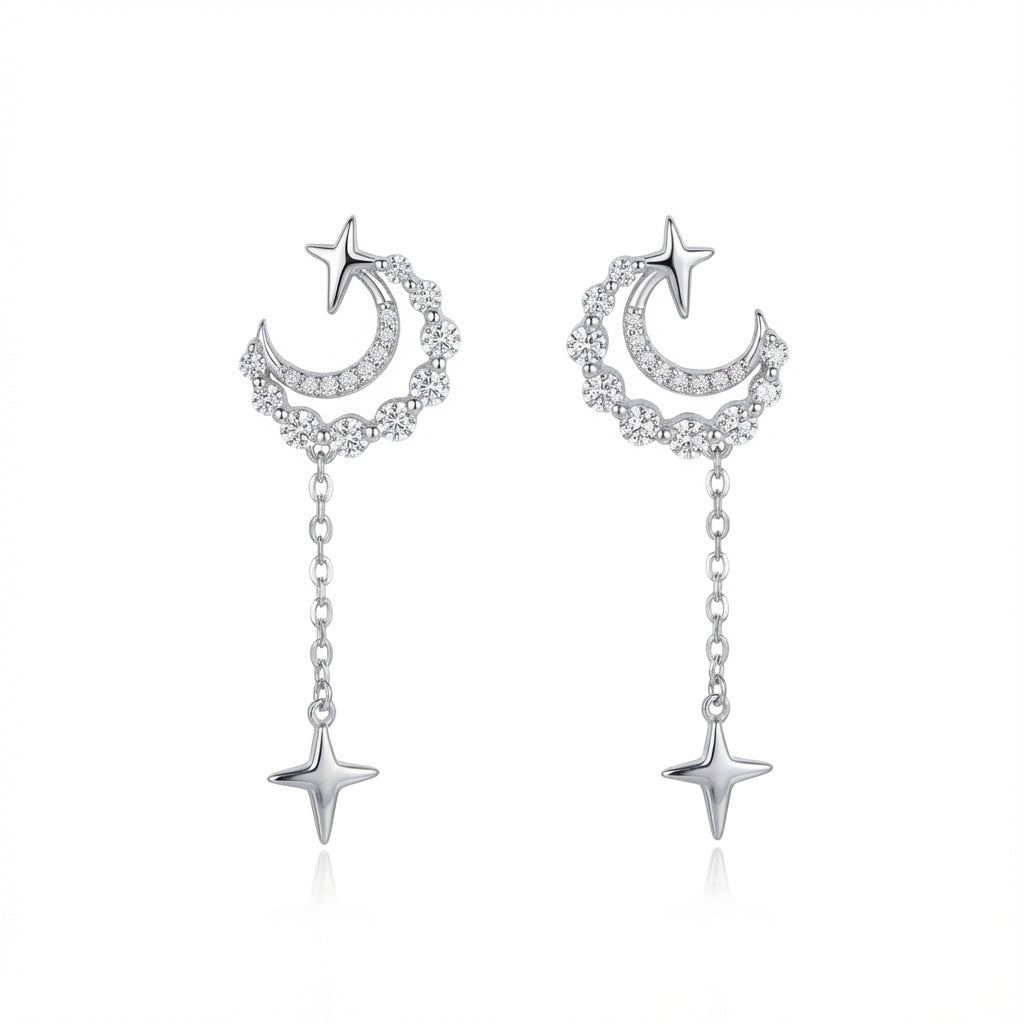Crescent Moon and Star Drop Earrings in 925 Sterling Silver – Rhodium & 18K Gold