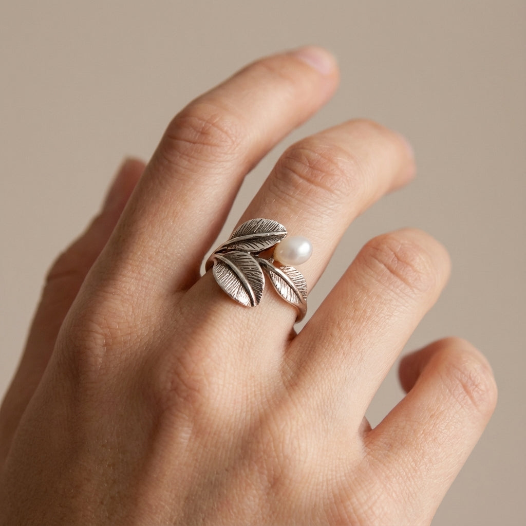 Flora Pearl Ring Sterling Silver Leaf Design with Freshwater Pearl