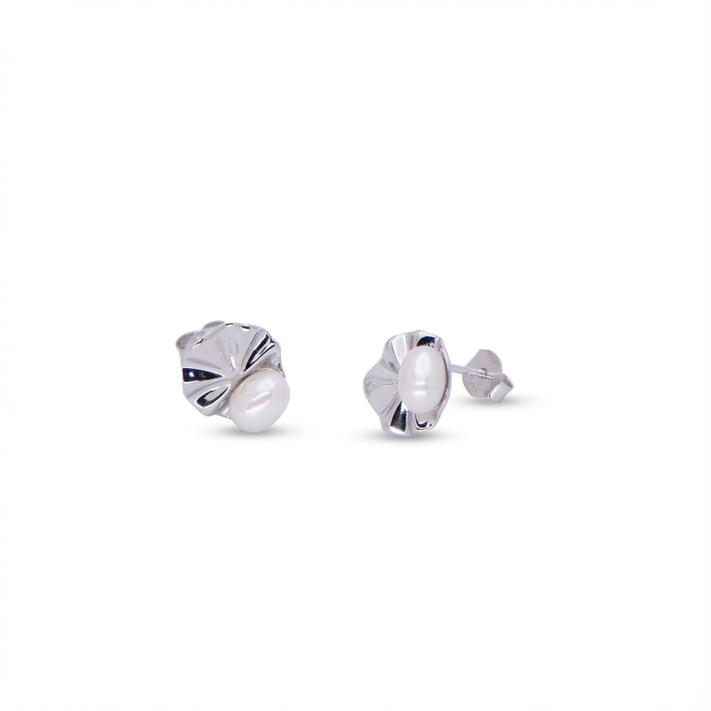 Rhodium Silver Shell Stud Earrings with Freshwater Pearl Accent