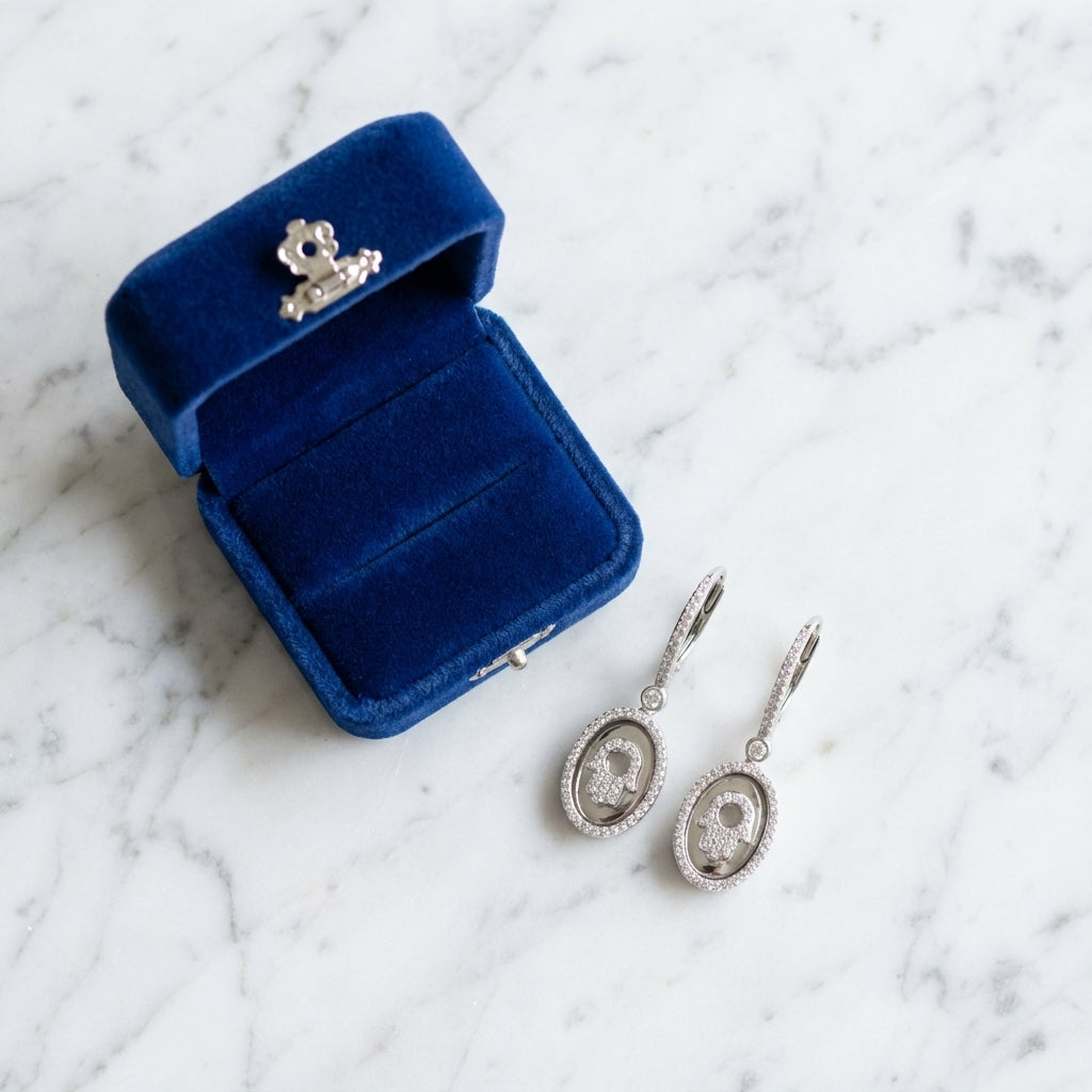 Hamsa Oval Drop Earrings in Sterling Silver with Pavé Zirconia
