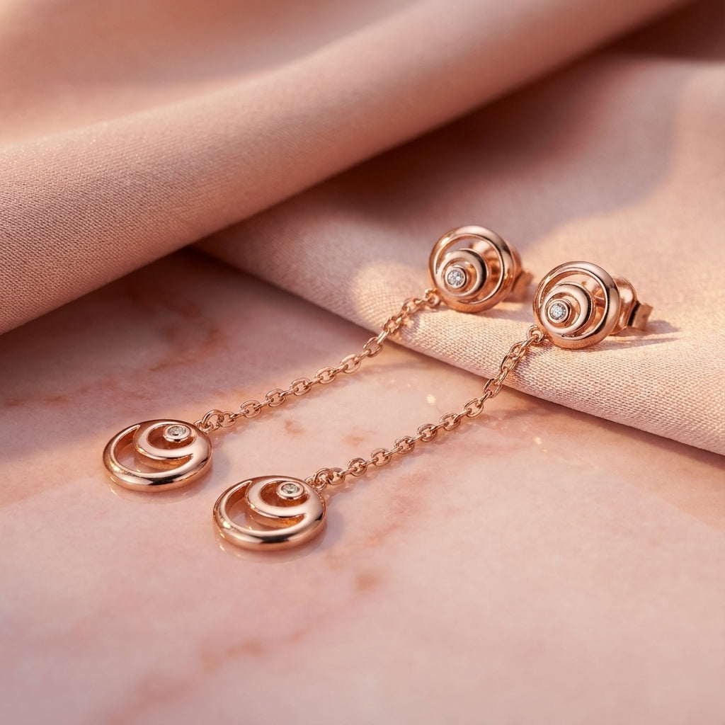 Crescent Moon Drop Earrings in 925 Sterling Silver with Cubic Zirconia – Rose Gold & Rhodium