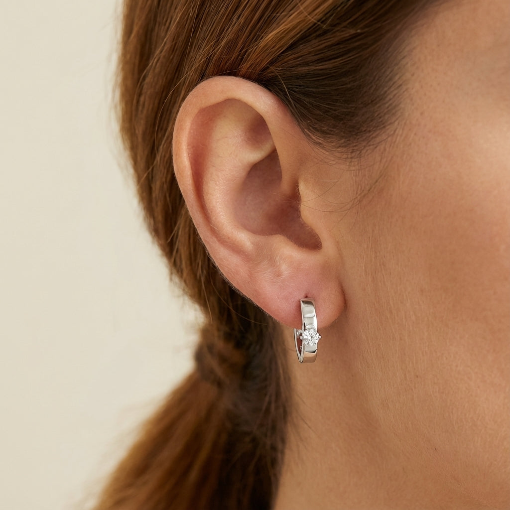 Sterling Silver Solitaire CZ Huggie Earrings – Clicker Hoop Style