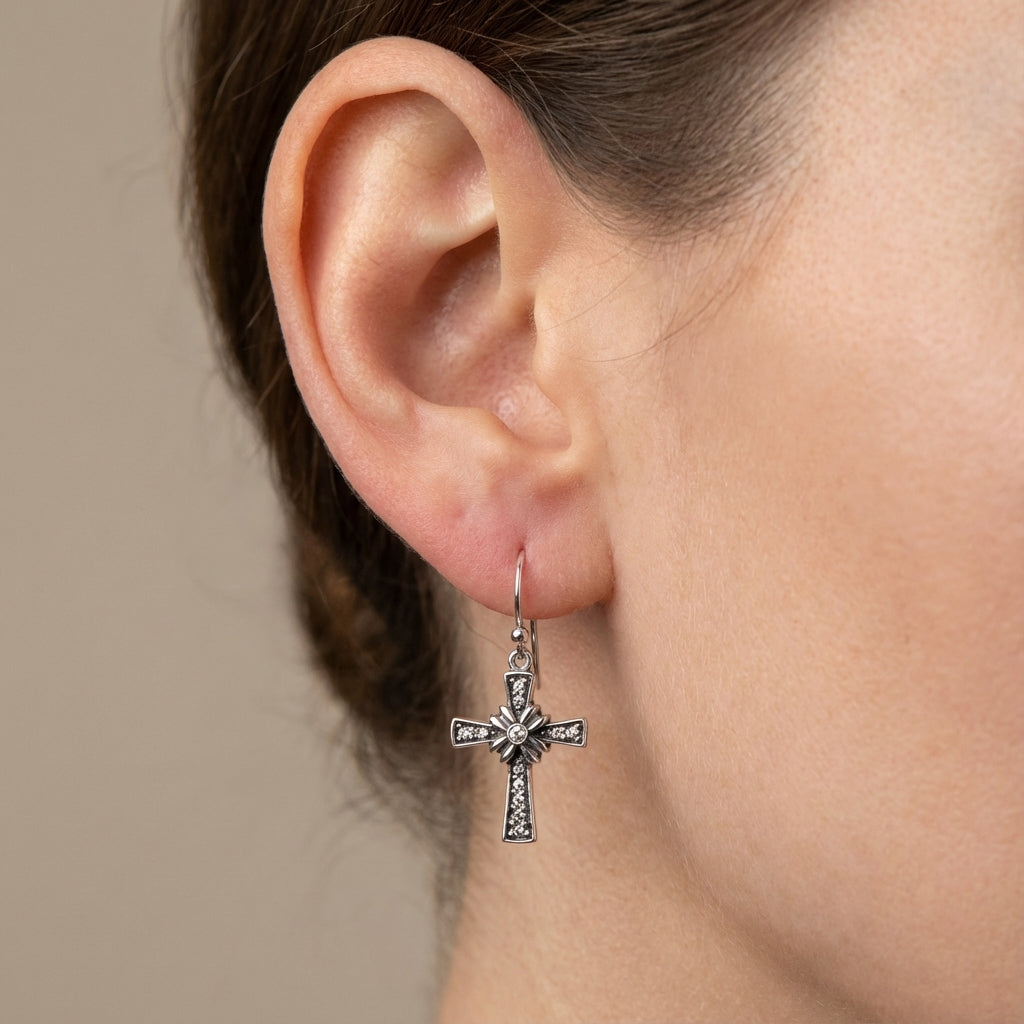 Sterling Silver Floriated Cross Dangle Earrings – Oxidised Finish