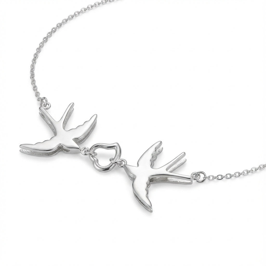 Couples Silver Swallow Birds Necklace with Heart Love Icon