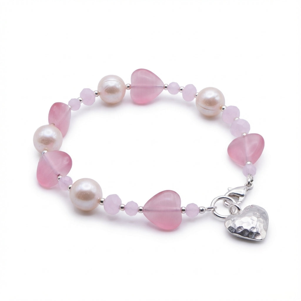 Rose Quartz Heart Bracelet with Hammered Silver Charm