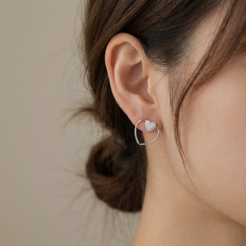 Convertible Heart Stud Earrings in Rhodium Plated Sterling Silver