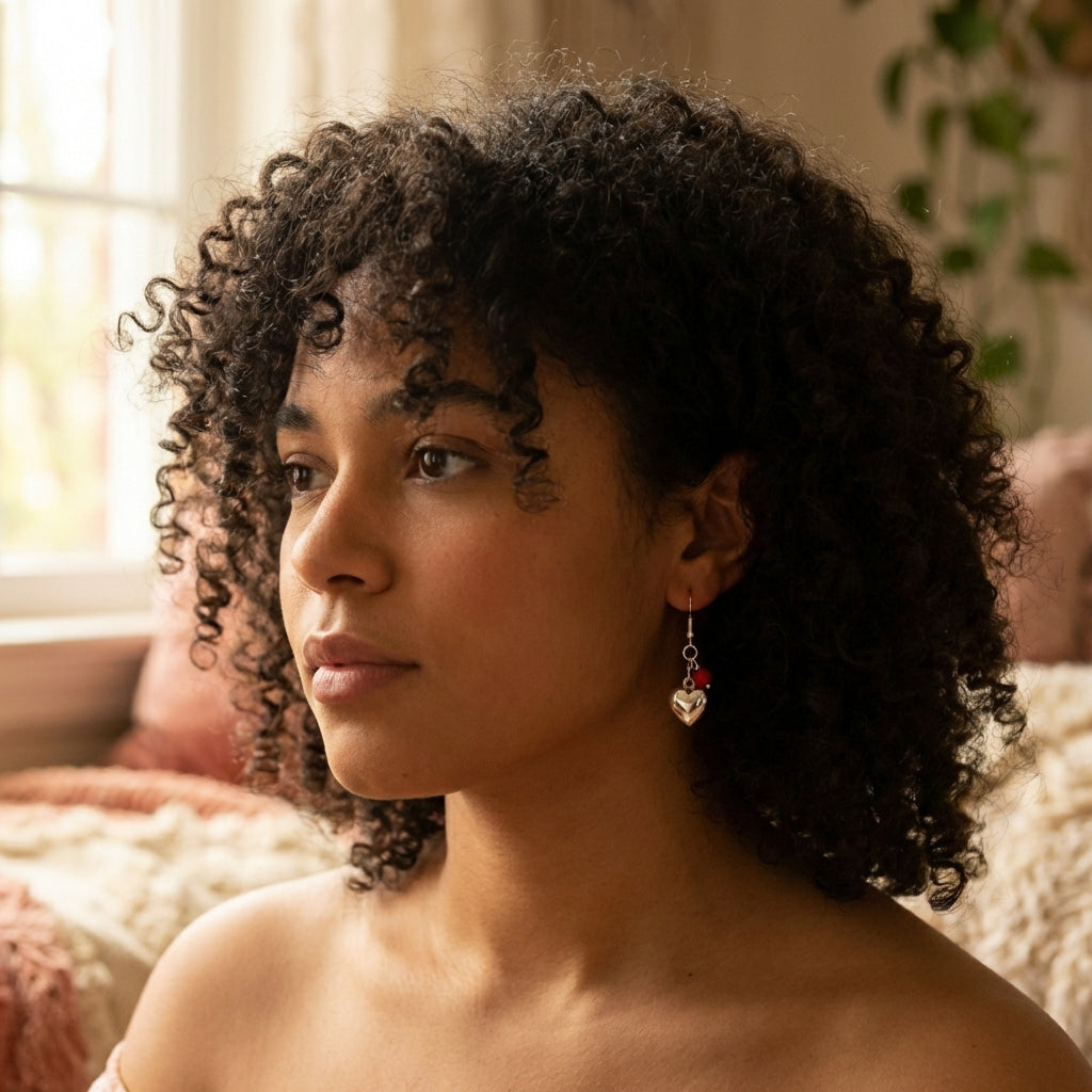 Sterling Silver Puffed Heart Earrings – Dangle Bead Charm (Red, Purple, Blue)