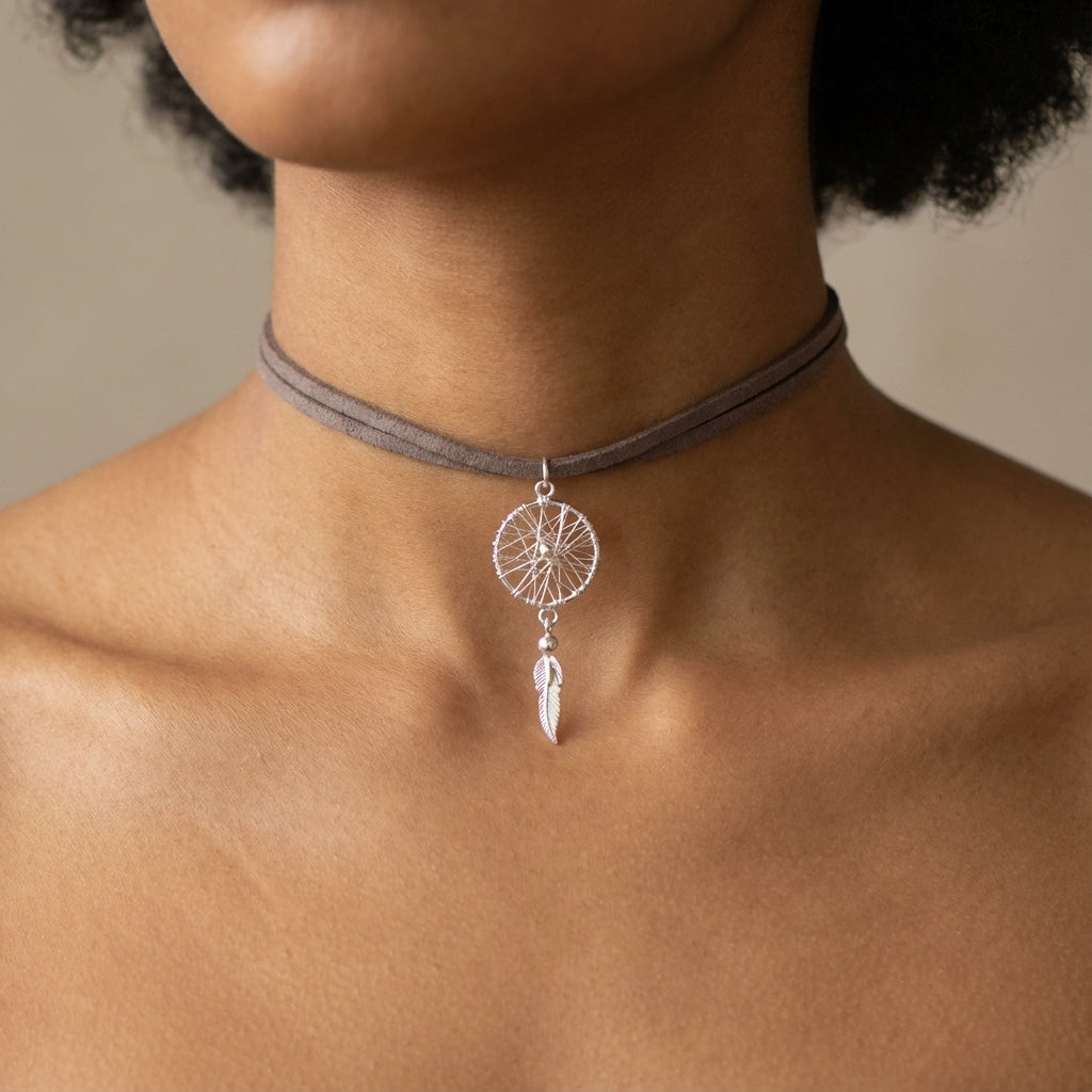 Silver Dream Catcher Pendant with Feather Detail