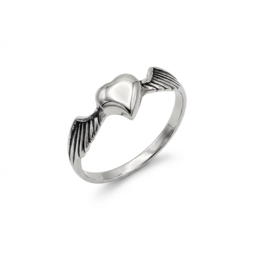 Oxidized Silver Heart Ring with Sculpted Feathered Band