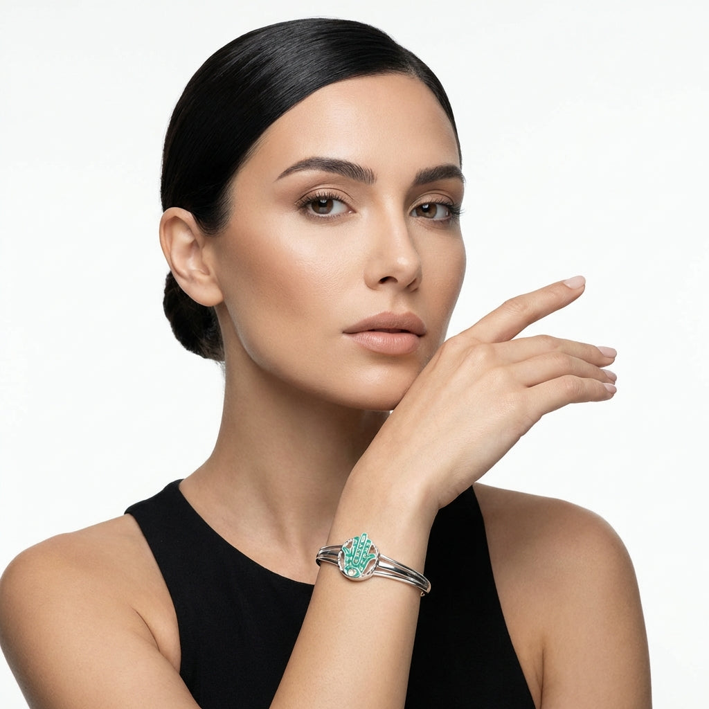 Protective Hamsa Enamel Cuff Bracelet in Sterling Silver – Teal Opal & Azure Topaz