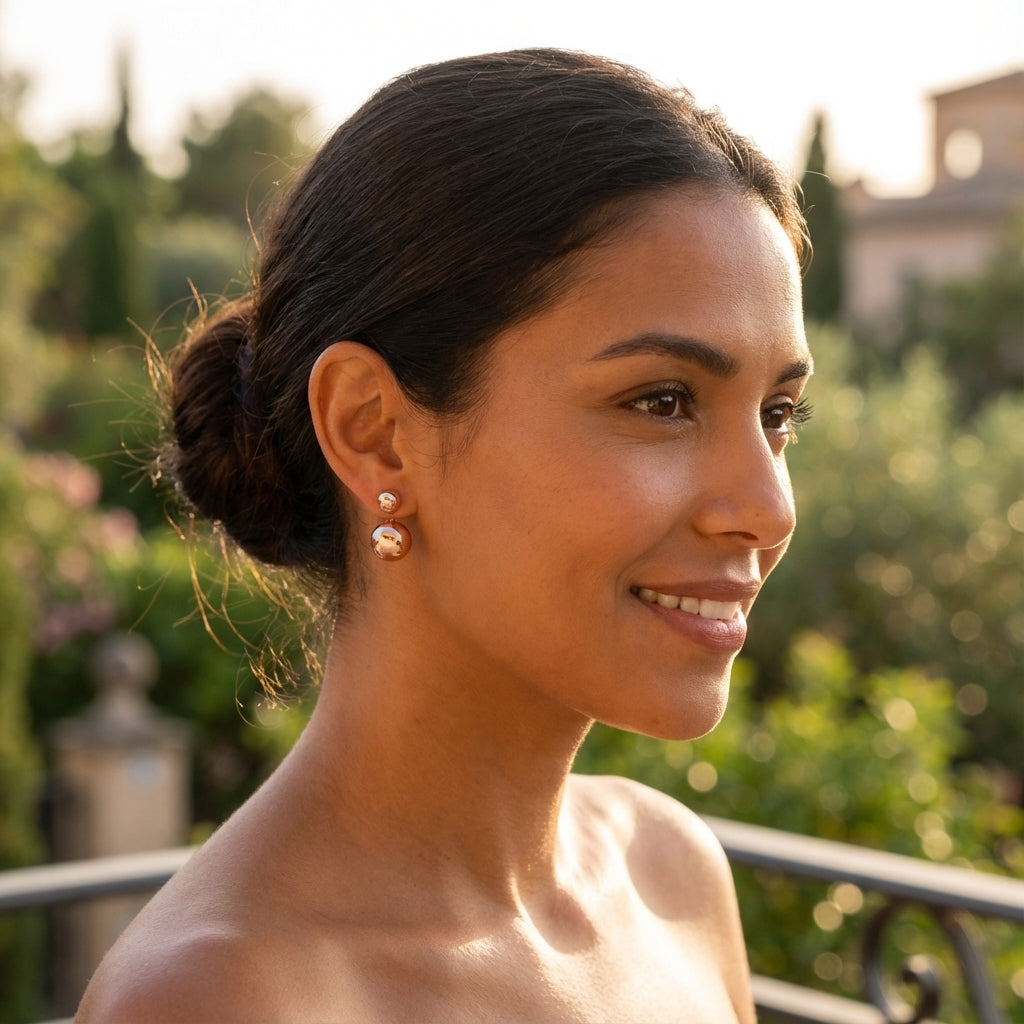 أقراط كروية مطلية بالذهب الوردي من الفضة الإسترلينية، بتصميم 2 في 1، بنمط أمامي وخلفي مزدوج