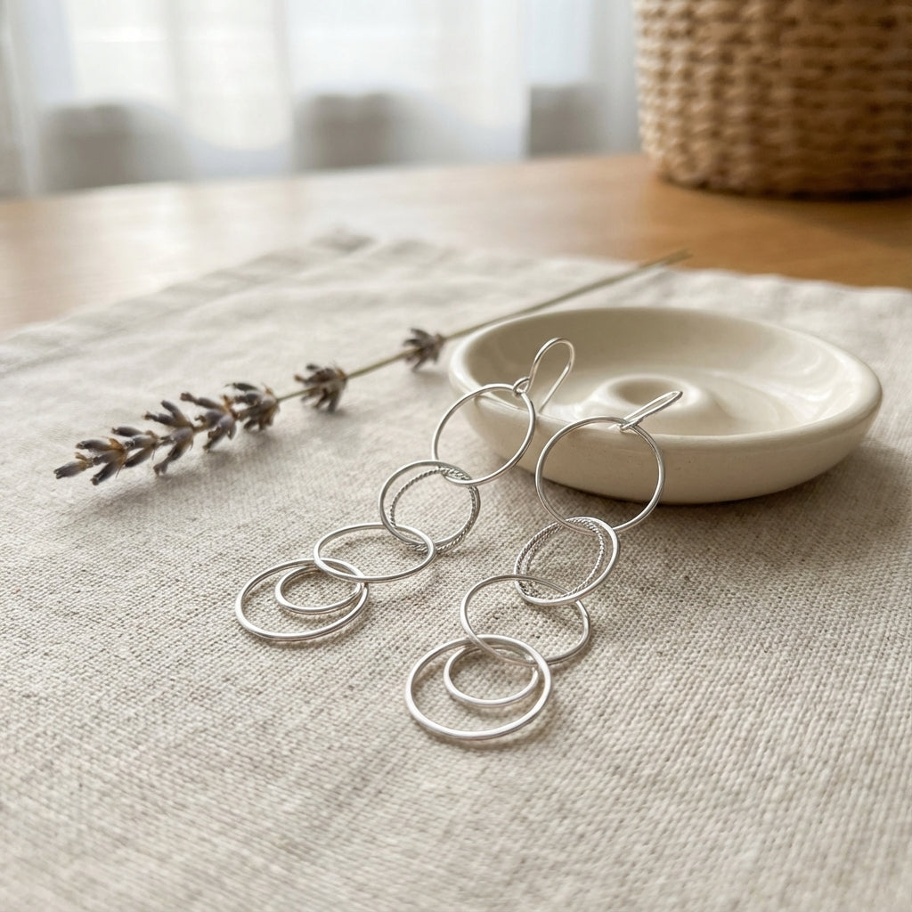 Sterling Silver Multi Circle Drop Earrings Lightweight Modern Design