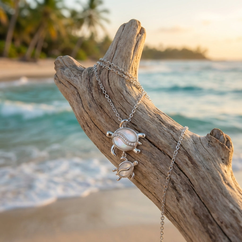 Mother & Baby Sea Turtle Necklace in Sterling Silver
