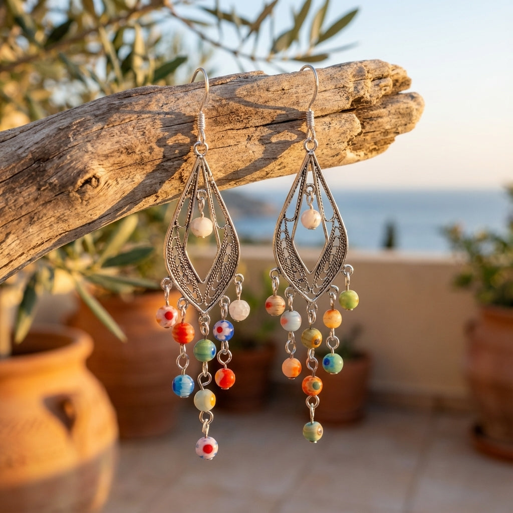 Pair of silver earrings with colorful beads hanging on a wooden branch with a natural background in dubai 