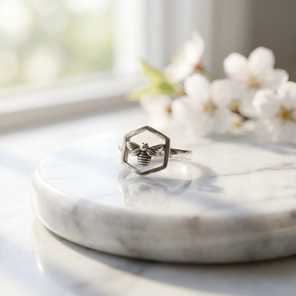 Handcrafted Hexagon Bee Unisex Ring in Oxidized Sterling Silver