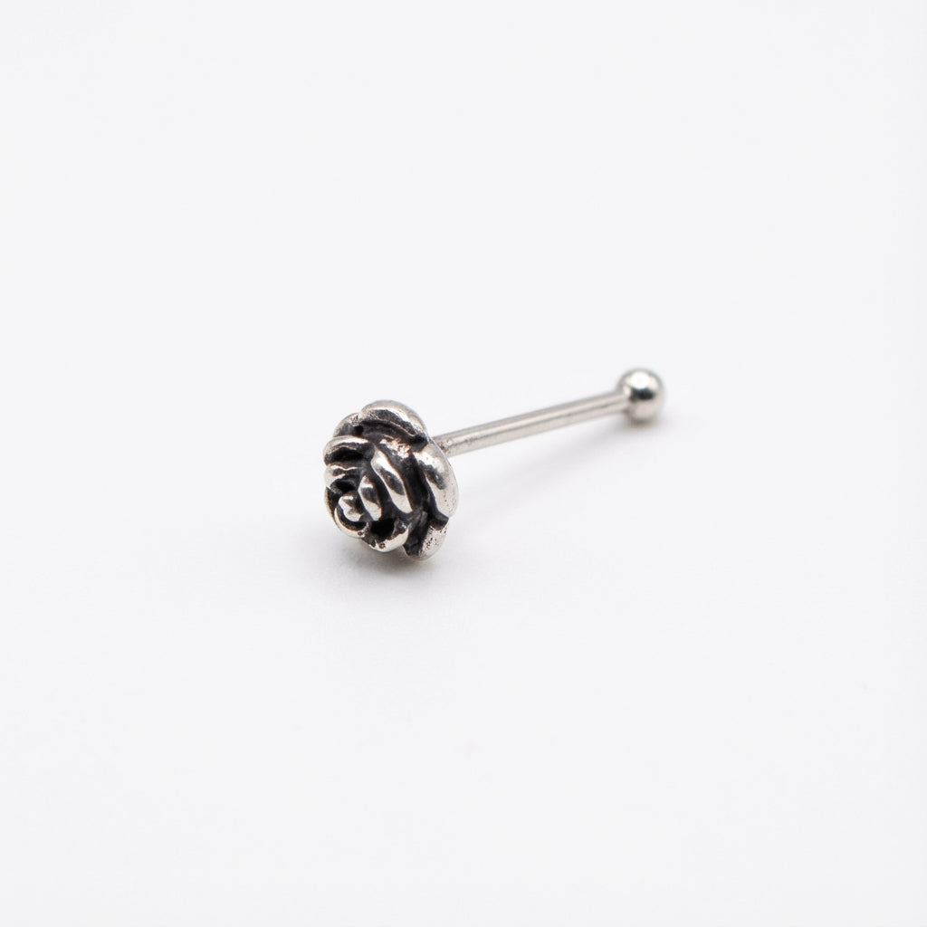 Vintage Rose Flower Nose Stud in Oxidized Silver