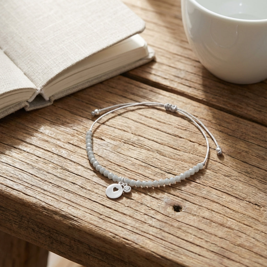 Silver Heart Disc Bracelet with Cubic Zirconia Drop