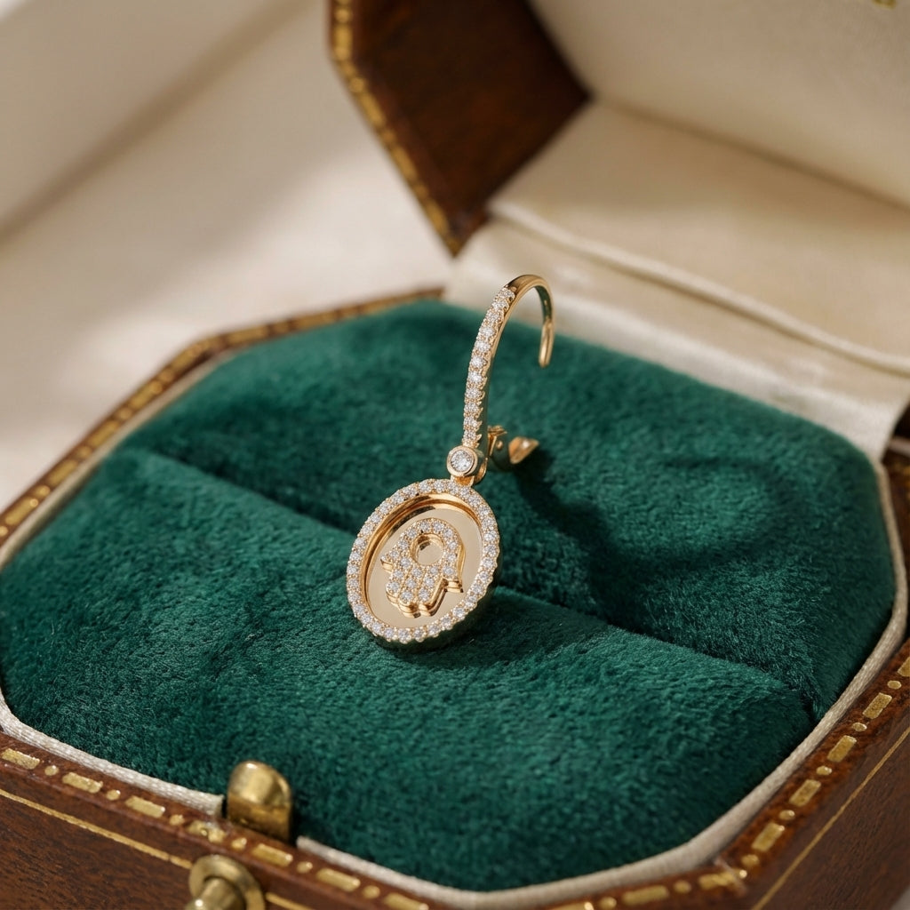 أقراط بيضاوية متدلية على شكل يد همسة من الفضة الإسترليني مرصعة بالزركونيا