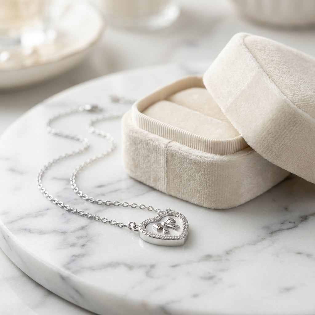 Mother of Pearl Love Heart Necklace with CZ Bow Tie in 925 Sterling Silver