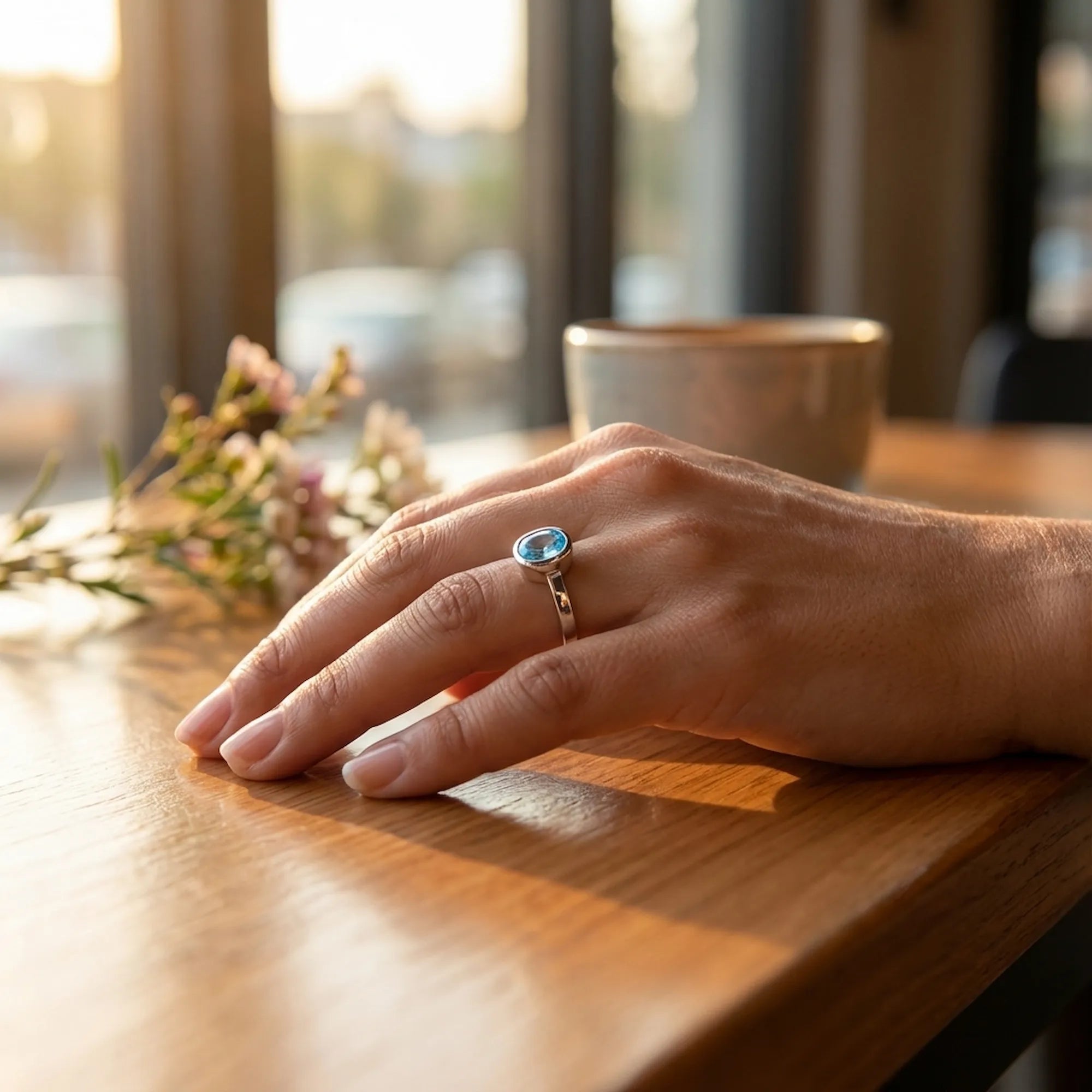 Sky blue topaz bezel-set oval ring in 925 silver for daily wear Dubai