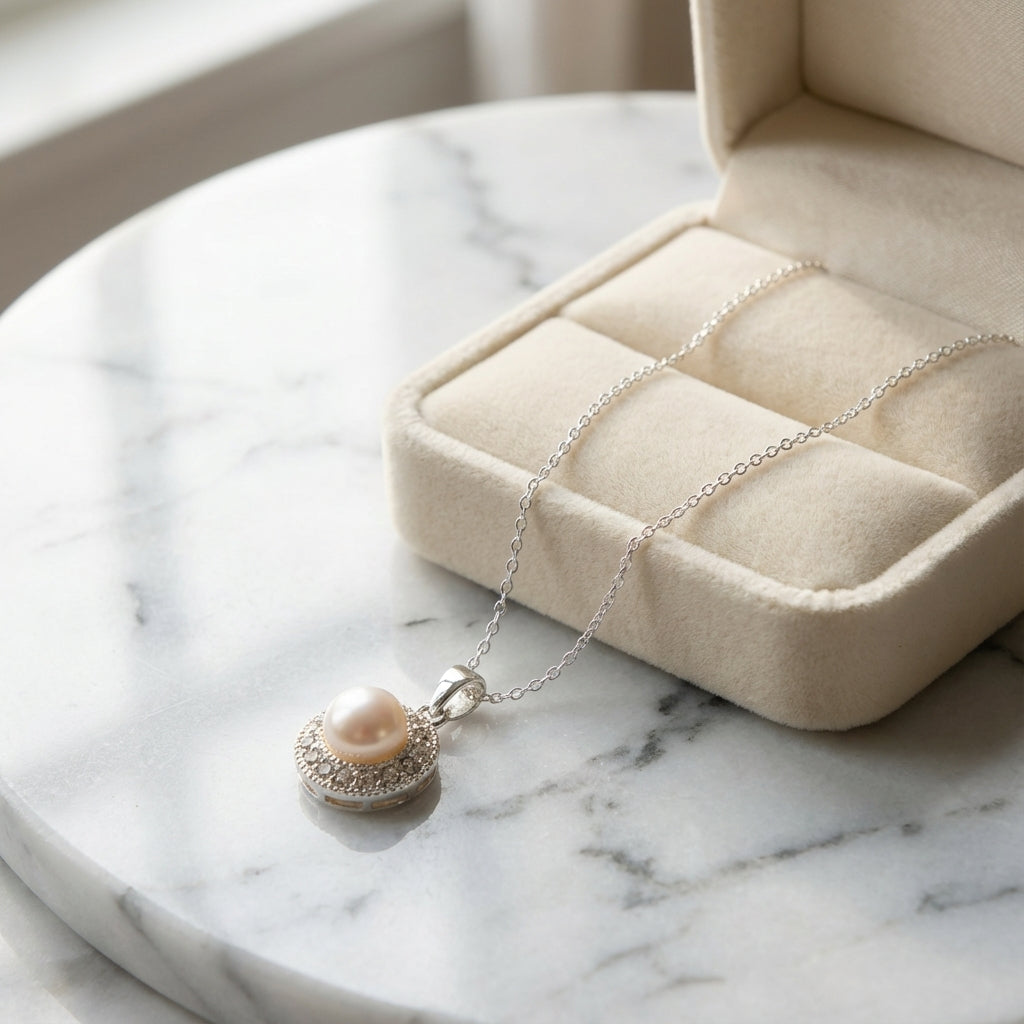 قلادة هالو من اللؤلؤ من الفضة الإسترليني مع قلادة دائرية مرصعة بأحجار الراين