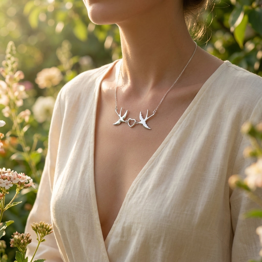 Couples Silver Swallow Birds Necklace with Heart Love Icon
