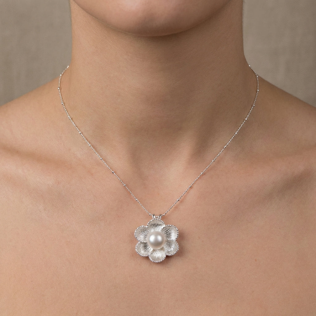 Six Petal Magnolia Flower Pearl Pendant Necklace in Sterling Silver