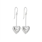Hammered Sterling Silver Heart Earrings Long Drop Minimal Style