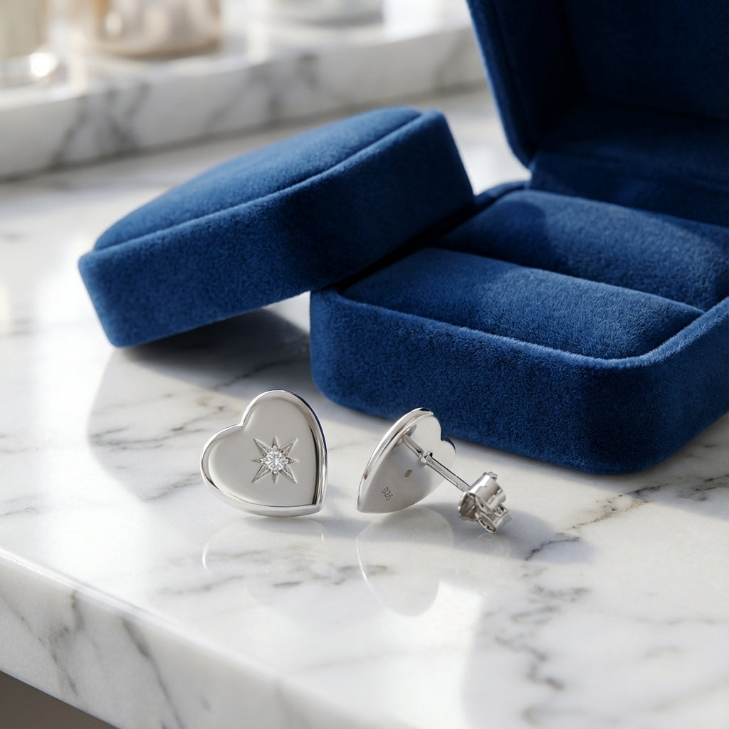 Northern Star Heart Stud Earrings in 925 Sterling Silver with Cubic Zirconia