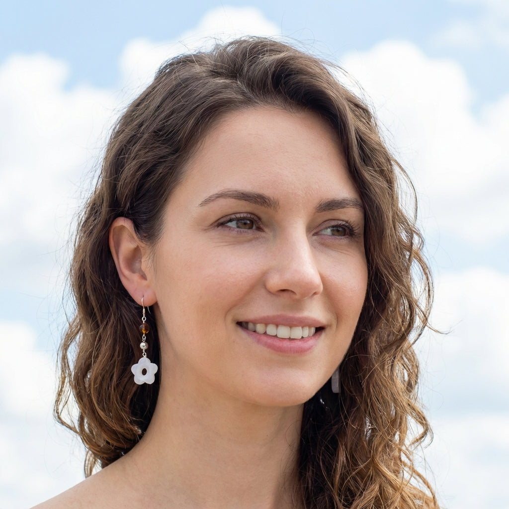 Sterling Silver Flower Earrings – Angelic Snow Quartz & Yellow Carnelian Crystal Drops