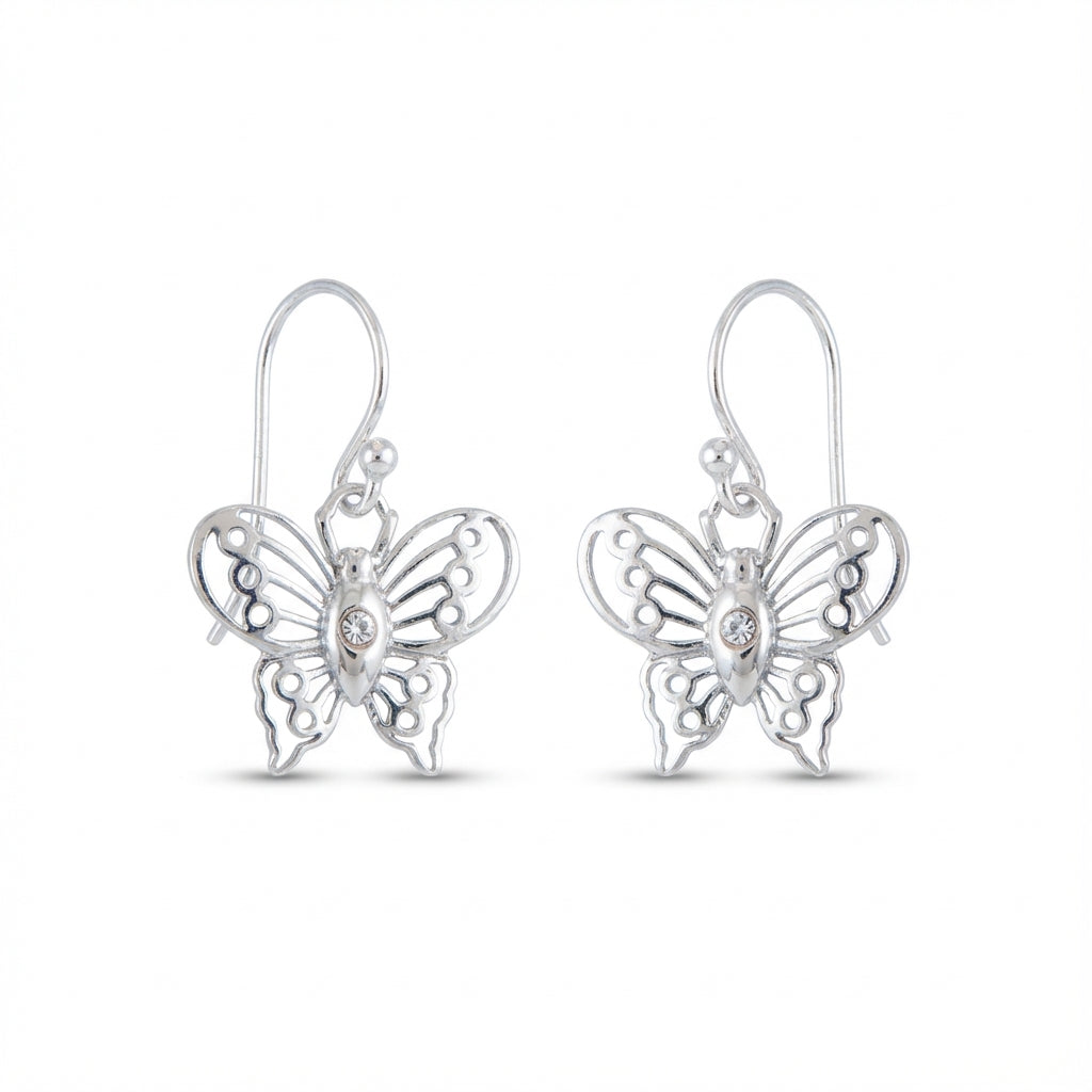 أقراط متدلية من الفضة الإسترلينية بتصميم فراشة مزخرفة بأحجار الراين