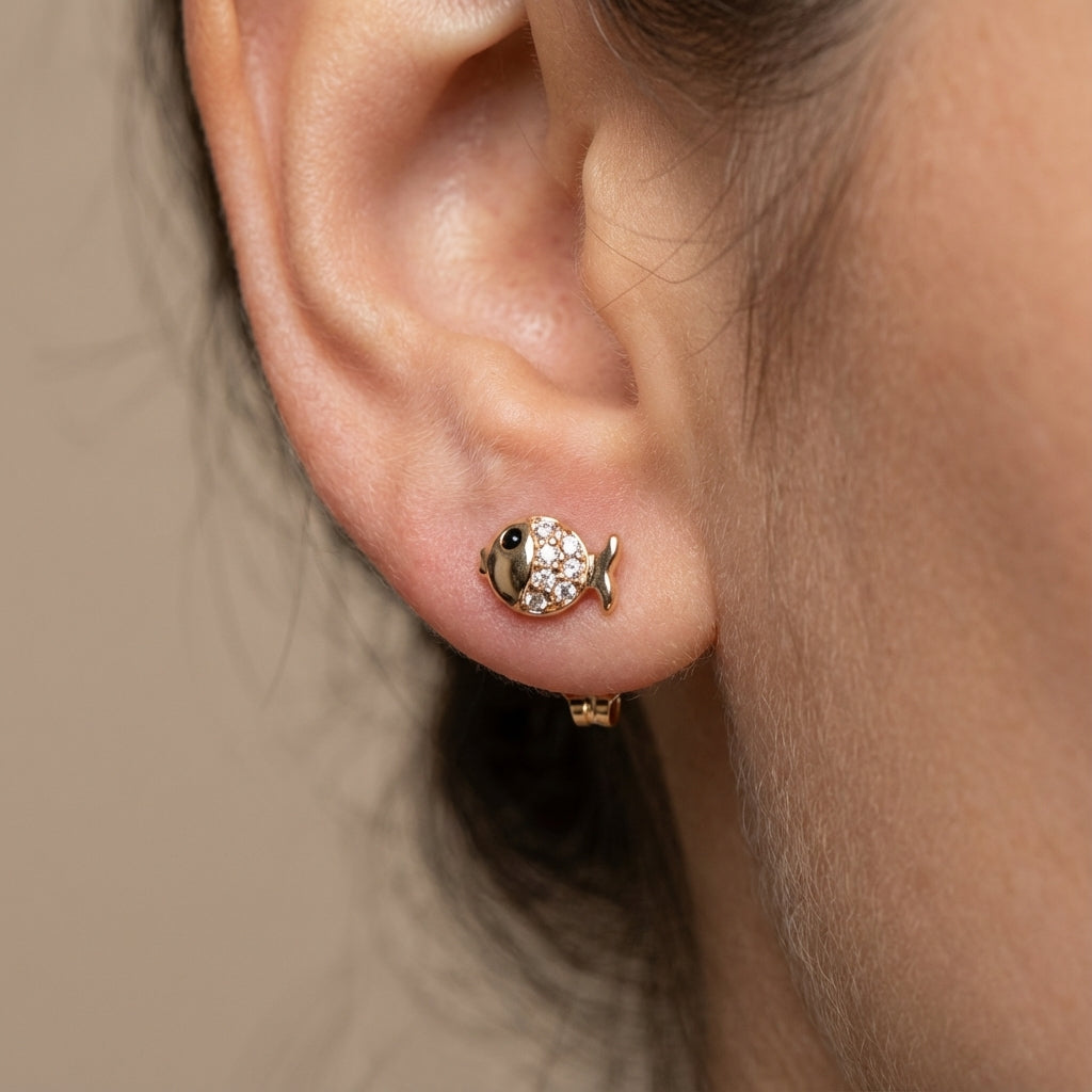 Gold Fish Stud Earrings with Rhinestone Detail from the Fauna Series