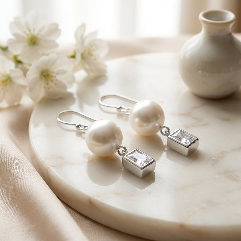 Classic Silver Pearl Drop Earrings with Cubic Zirconia Accent Design