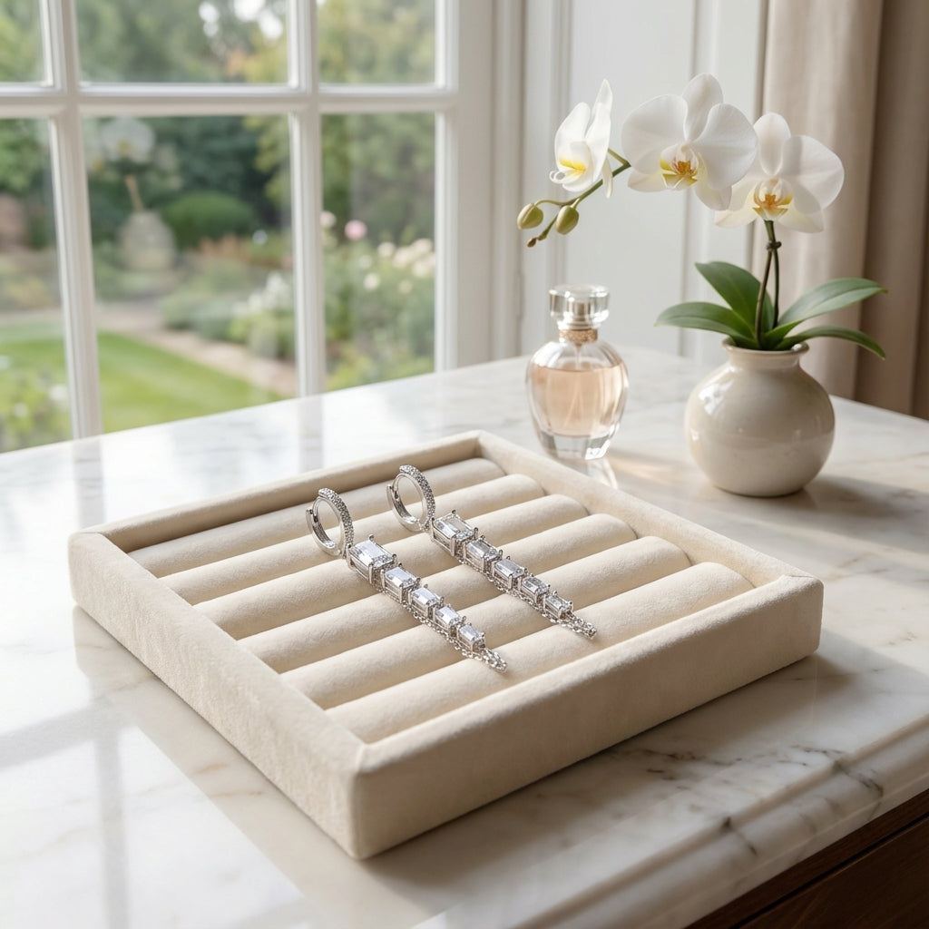 Silver Chain Baguette Cut Dangle Earrings