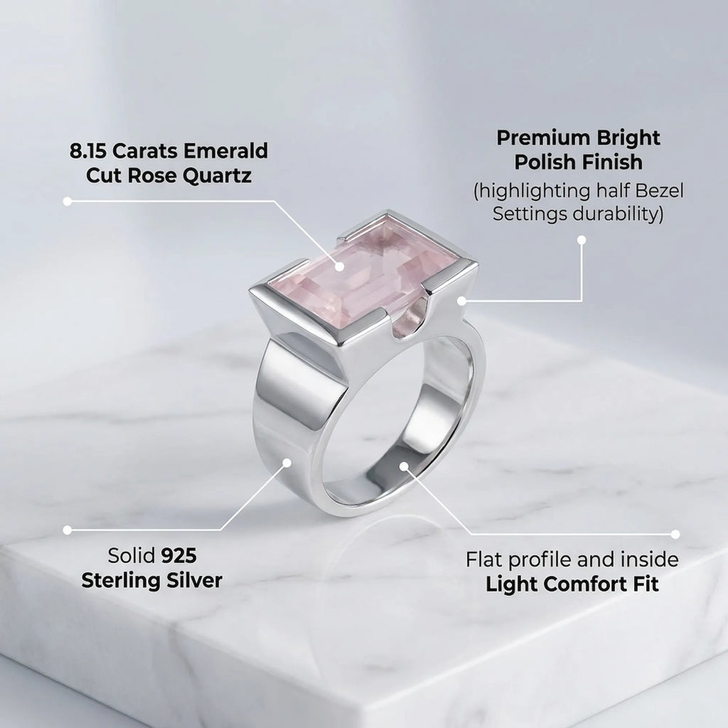 Silver ring with Rose quartz gemstone on a light gray background, displaying all ring materials and design elements 