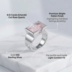 Silver ring with Rose quartz gemstone on a light gray background, displaying all ring materials and design elements 