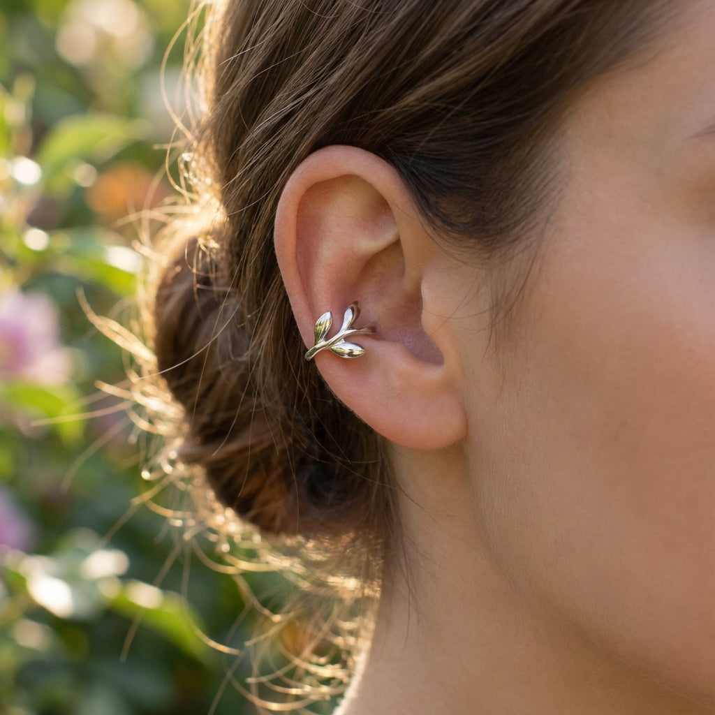 Olive Leaf Ear Cuff Earrings in 925 Sterling Silver