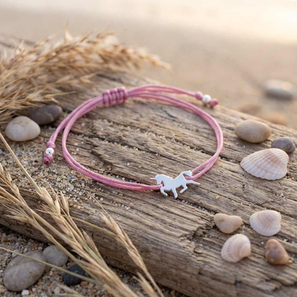 Whimsy Unicorn Bracelet in Silver with Pink Cord