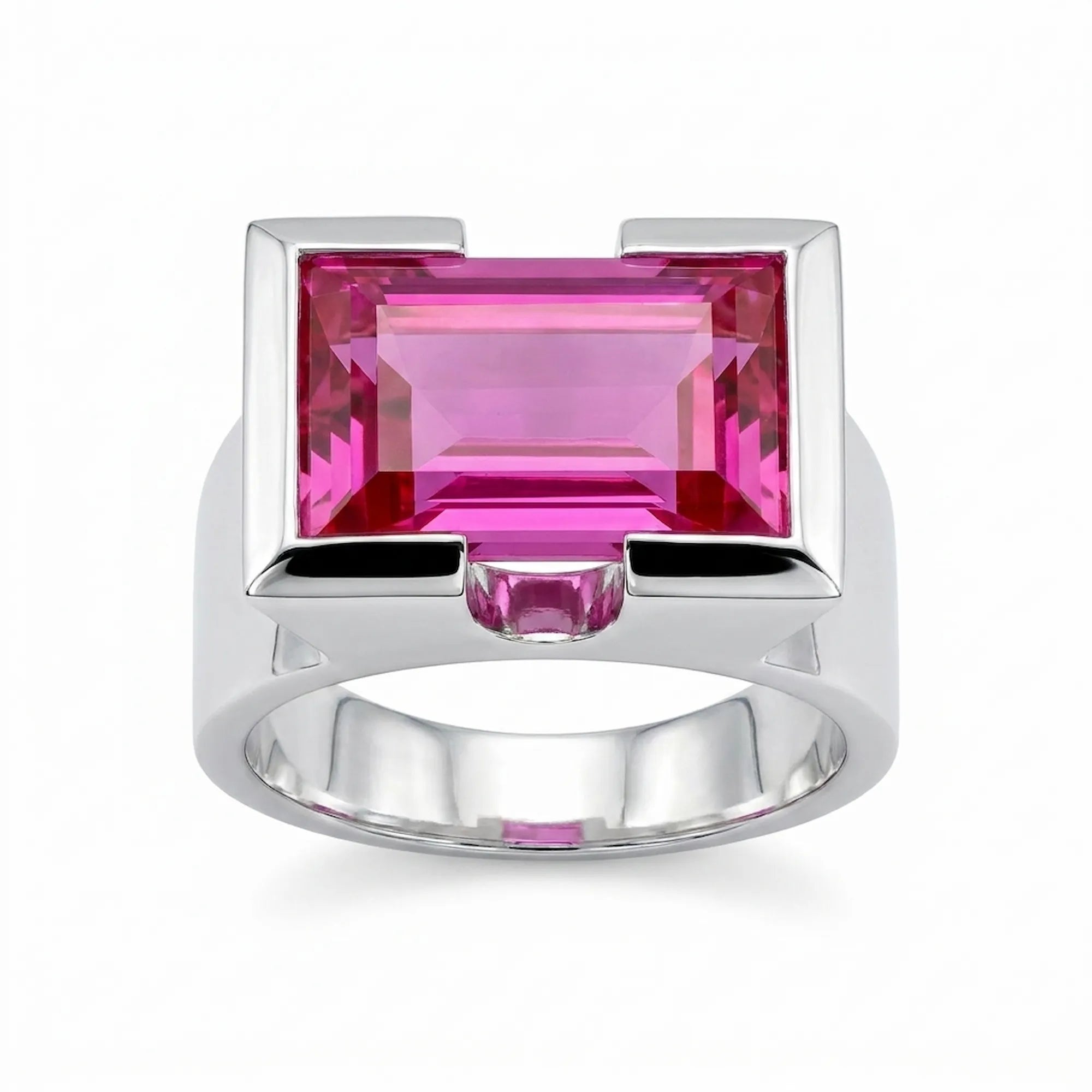 Silver ring with a magenta quartz gemstone on a white background