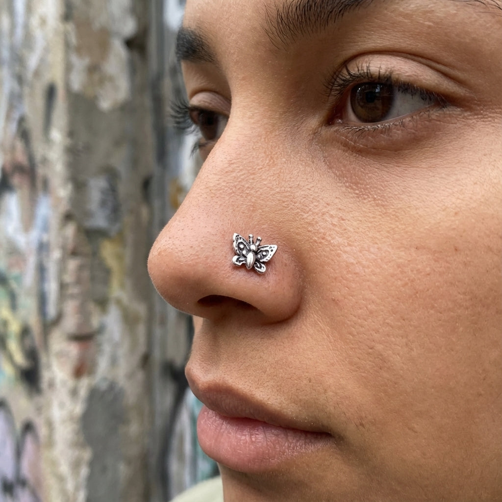 Mariposa Butterfly Nose Stud in Oxidized Silver