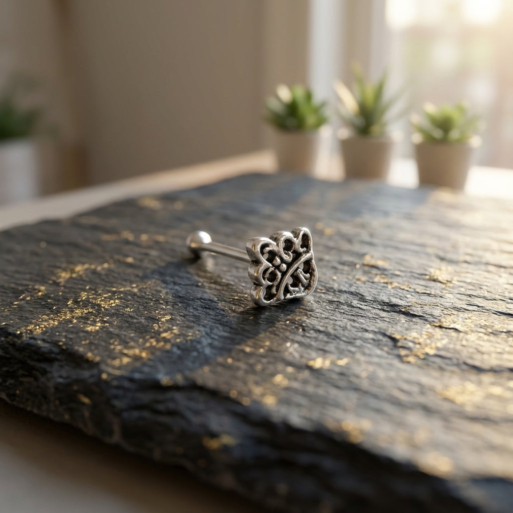 Oxidized Hamsa Hand Nose Stud in Refined Silver