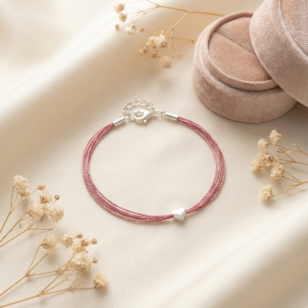 Metallic Pink Tinsel Heart Bracelet Stackable Layered Jewelry