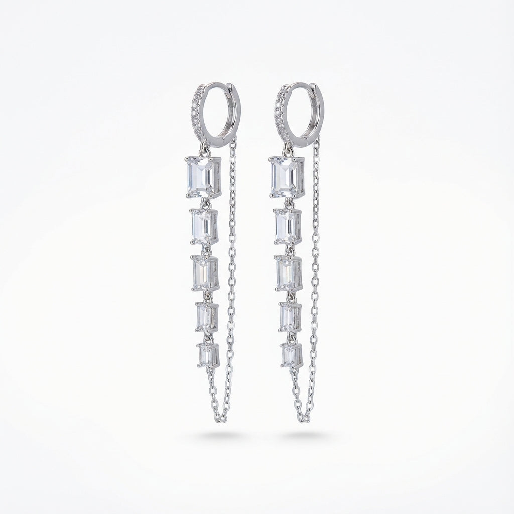 Silver Chain Baguette Cut Dangle Earrings