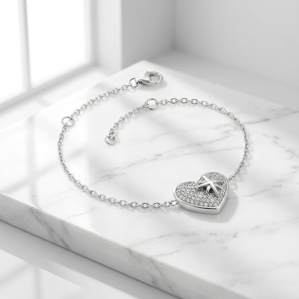 Sterling Silver Rhodium Plated Heart Bracelet with CZ Northern Star