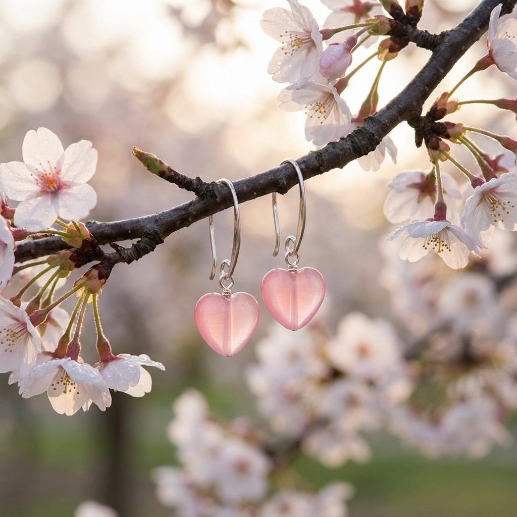 Rose Quartz Cat’s Eye Heart Dangle Earrings in 925 Sterling Silver