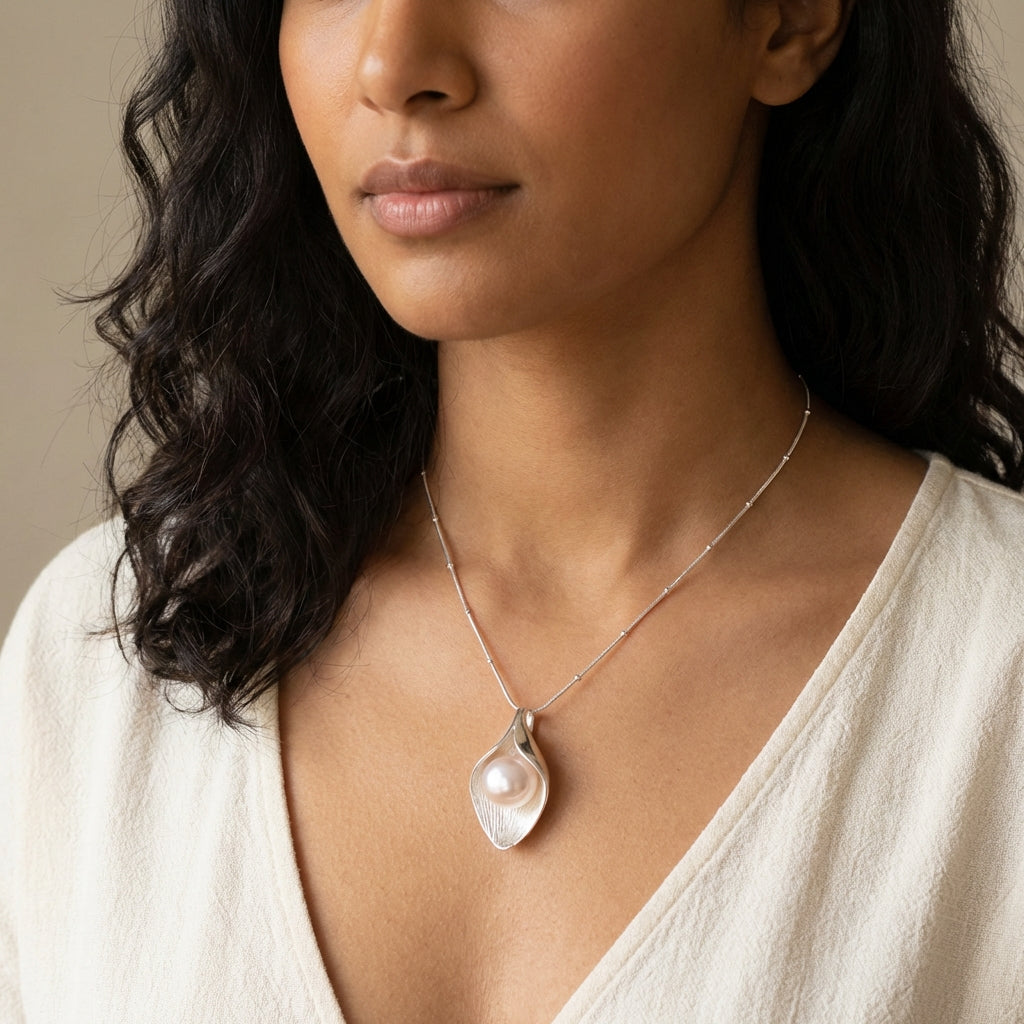Sterling Silver Calla Lily Pearl Pendant Necklace for Bridal and Anniversary Gifting