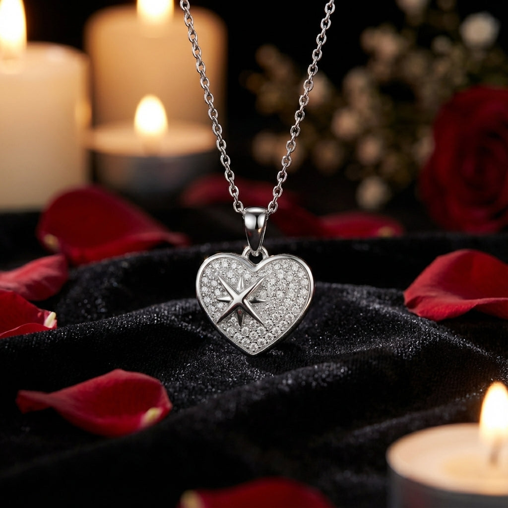 Sterling Silver Rhodium Plated Heart Pendant Necklace with CZ Northern Star